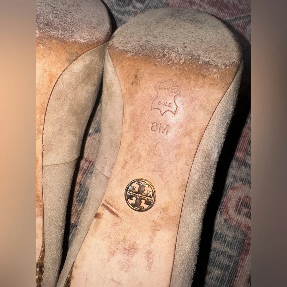 Taupe Tory Burch Mabel Suede Pumps with Snakeskin‎ Heel